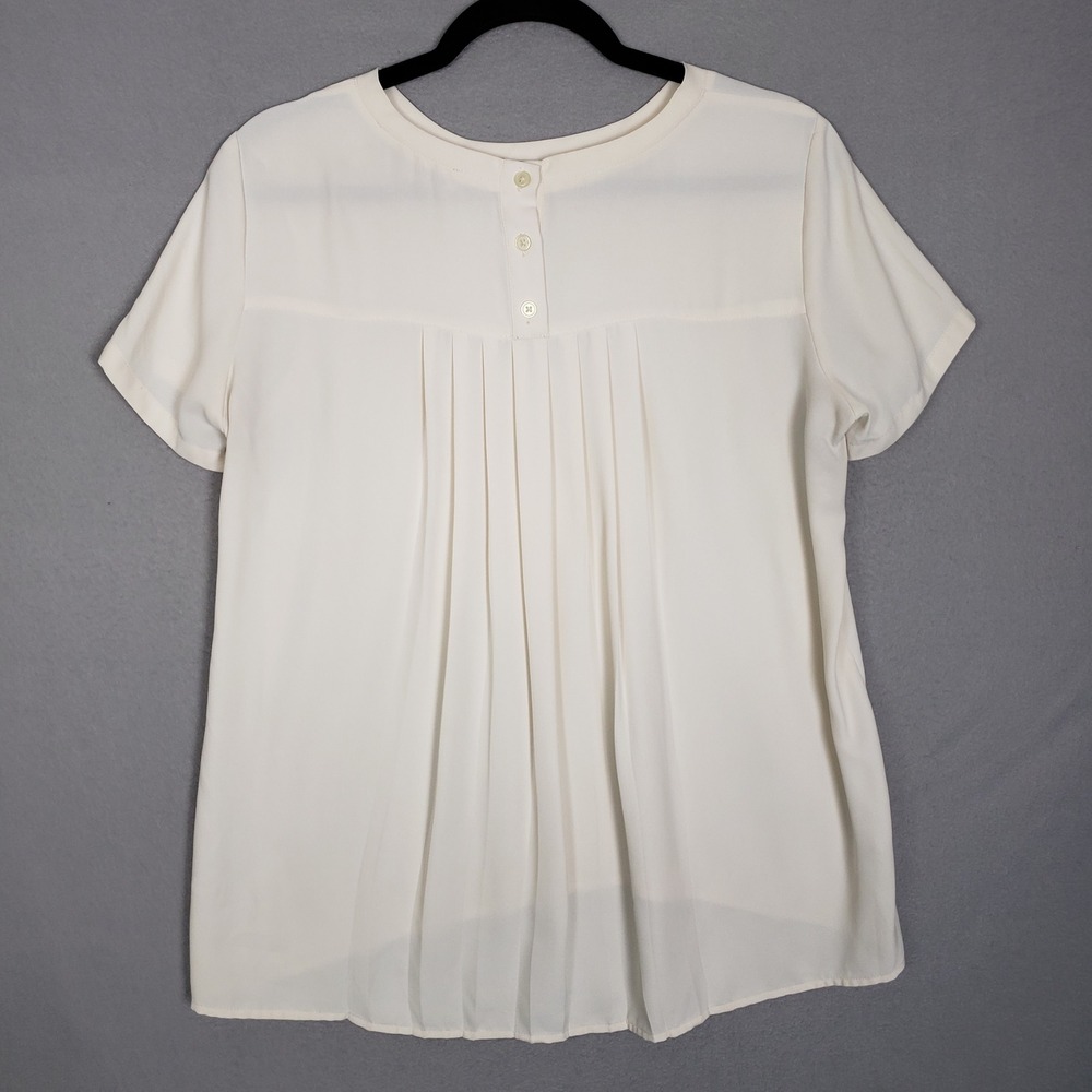 Loft Button Neck Pleated Blouse Cream Minimalist Office Chic Preppy Coquette S